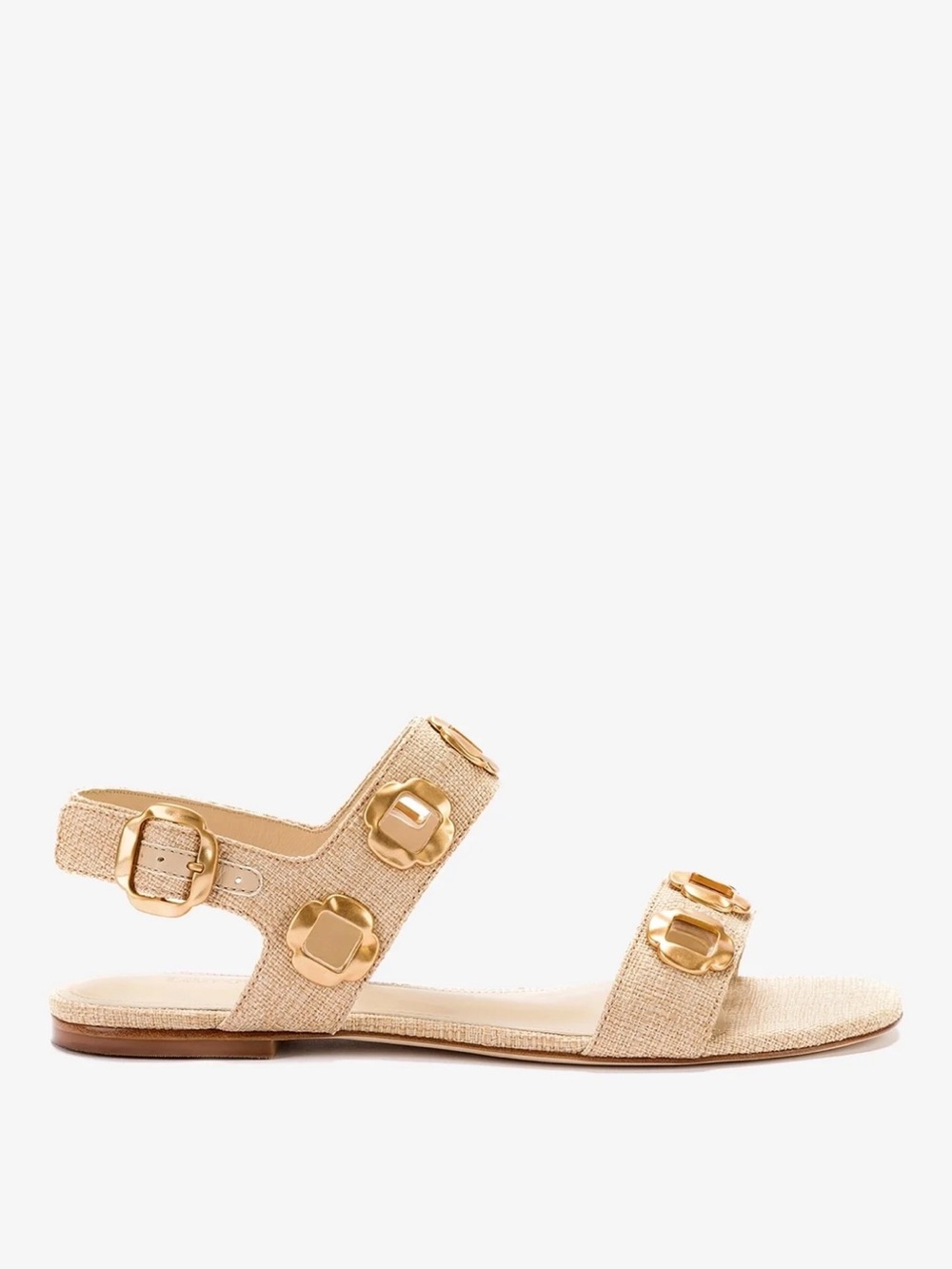 Larroude Milan Natural Beige Flat Sandal with Gold Buckle Details